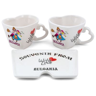 Чаши сърца с чинийка "With Love Bulgaria"